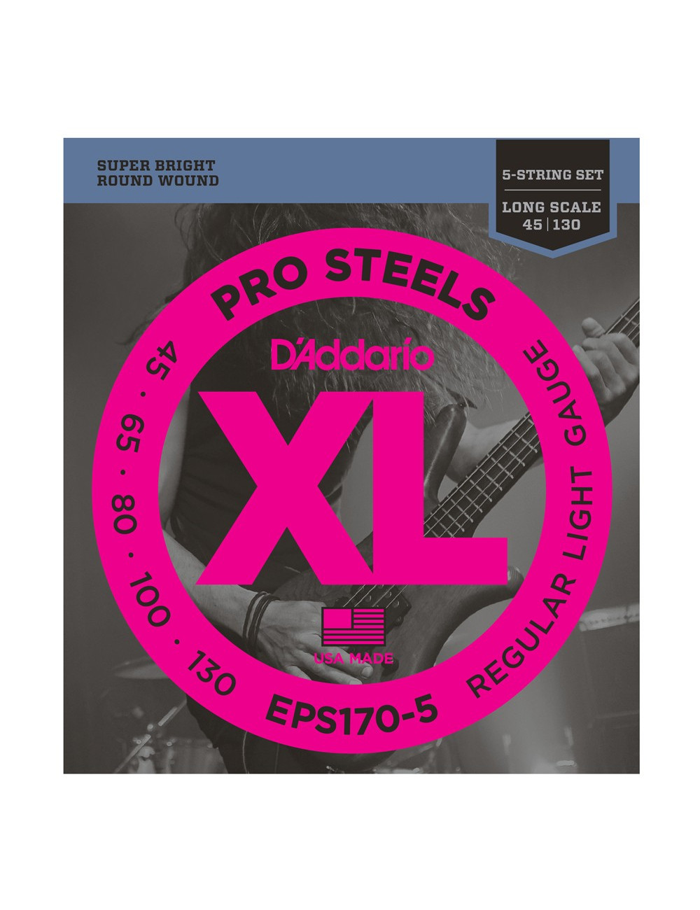 D\'Addario EPS170-5 ProSteels 5-String Bass, Light, 45-130, Long Scale